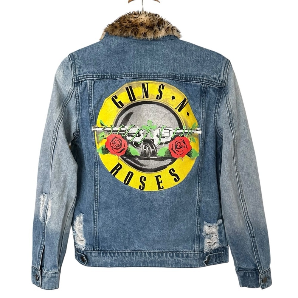 Guns N’ Roses‎ Distressed Denim Trucker Band Jacket Leopard Faux Fur Collar M